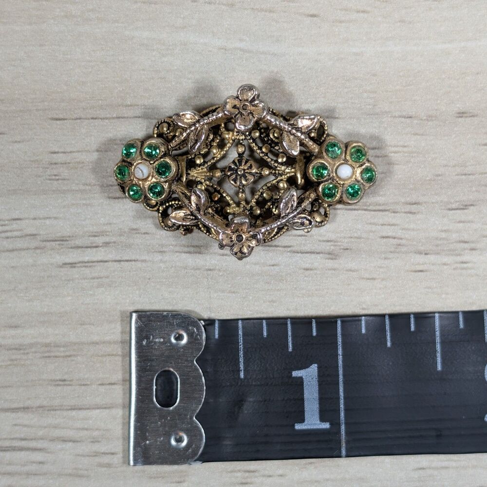 Vintage Filigree Dress Clip Green Rhinestone Gold Tone Ornate 1" broken